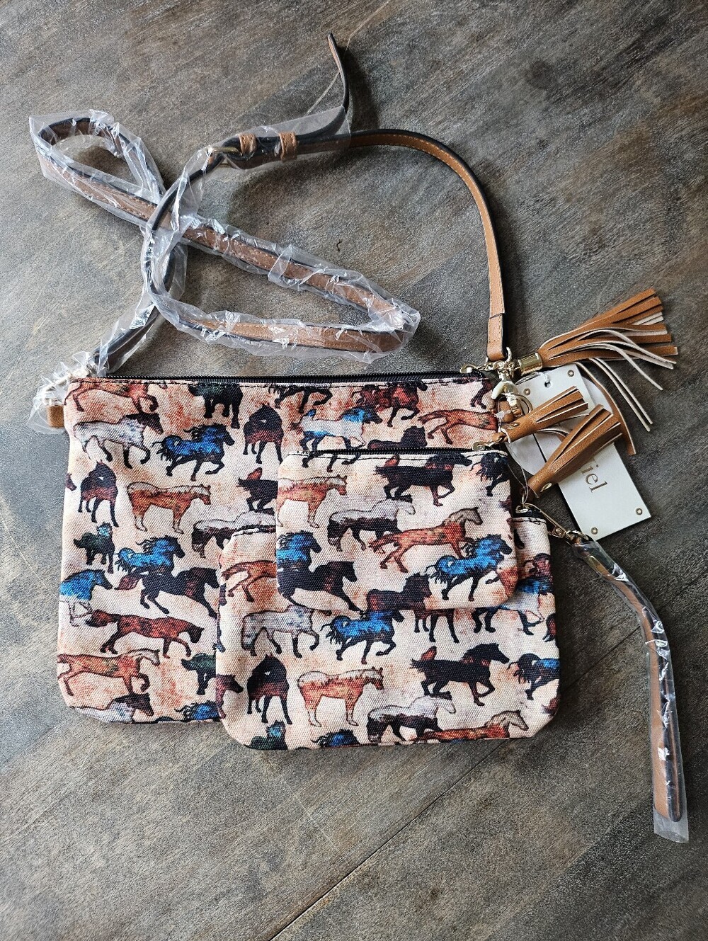 NWT Blue And Brown Horse Print 3 Piece Croosbody Bag